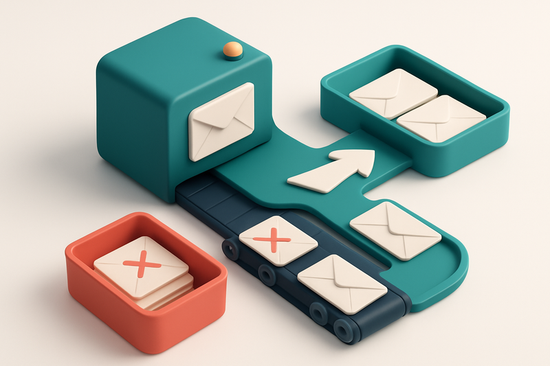 An isometric view of a Postmark server sending envelopes into a central inbox; a conveyor belt pulls rejected envelopes