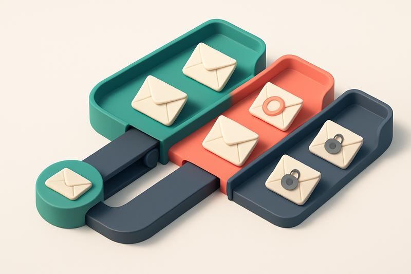 An isometric email inbox divided into three lanes: a green 'inbox' lane with envelopes, a red 'spam' lane with crossed-o