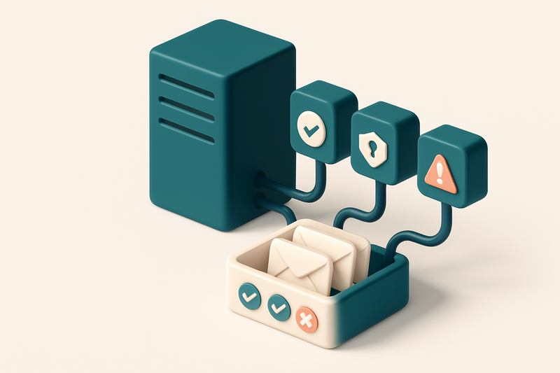 An isometric email server rack with three labeled ports: SPF (checkmark), DKIM (lock shield), and DMARC (red warning tri