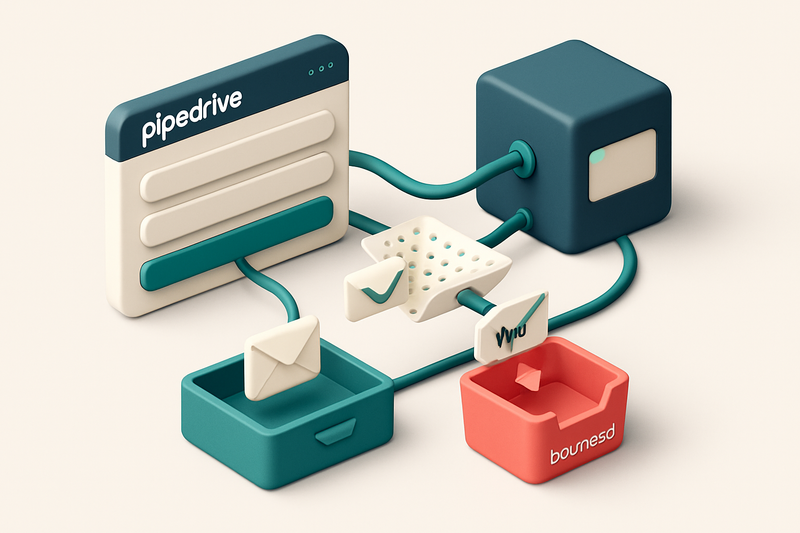 An isometric Pipedrive dashboard with email input fields, connected to a MailTester verification server via a data wire;
