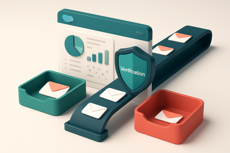 An isometric view of a Salesforce CRM dashboard with real-time email checks flowing through a digital conveyor belt, whe