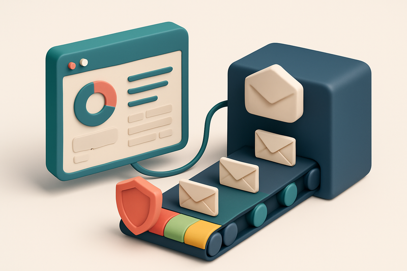 An isometric scene of a Freshsales CRM dashboard connected via wire to a MailTester verification engine where envelopes