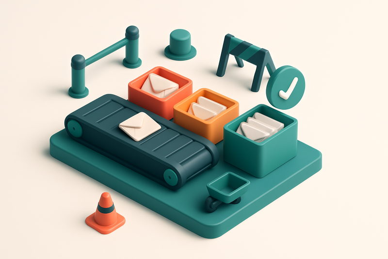 Hero: an isometric construction site dashboard with a central conveyor belt sorting email envelopes into three piles—red
