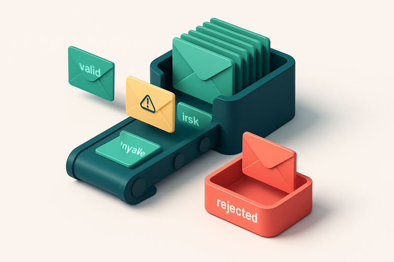 an isometric inbox with envelopes labeled 'valid', 'risky', and 'invalid' being processed by a conveyor system — green e