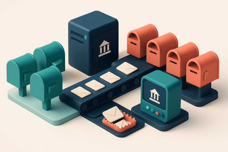 An isometric illustration of a government email server room with green ‘deliverable’ mailboxes lined up on one side, red