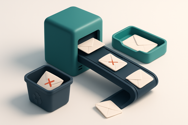 An isometric scene of a 3D mail server with a conveyor belt delivering envelopes. Some envelopes are rejected with a red