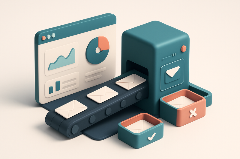An isometric view of an Ontraport dashboard with a conveyor belt feeding email envelopes into a MailTester validator mac
