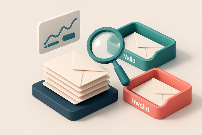 An isometric email inbox with envelopes being sorted onto a green 'valid' tray and a red 'invalid' tray, a magnifying gl