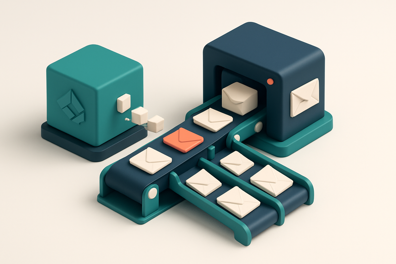 An isometric network of connected devices: a SendGrid server node sending data packets to a MailTester validation center