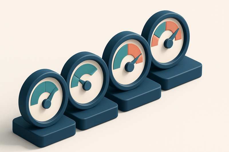 a row of four gauges showing inbox placement, bounce rate, sender reputation, and deliverability score