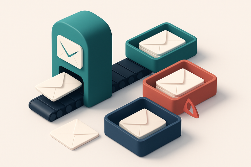an isometric email inbox with envelopes being sorted onto a green 'valid' tray and a red 'invalid' tray, a yellow 'risky
