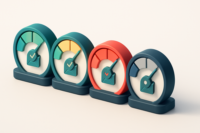 a row of four gauges, each showing a different level of email validation health (green, yellow, red, gray)