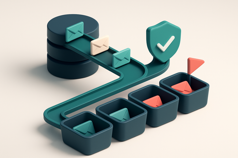 an isometric email database with envelopes labeled 'Valid', 'Invalid', 'Catch-all', and 'Risky' being sorted by color-co