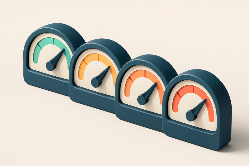 a row of four gauges, each labeled 'Deliverability Score' and color-coded (green, yellow, orange, red)