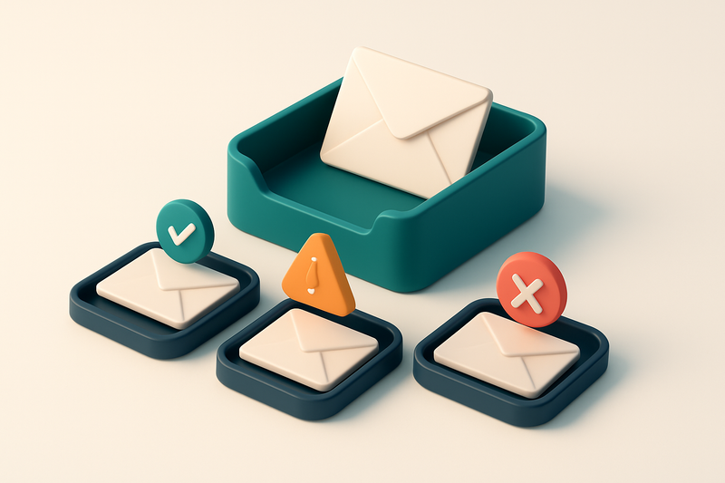 An isometric inbox with envelopes labeled 'Valid', 'Risky', and 'Invalid' being sorted onto separate trays — a small gre
