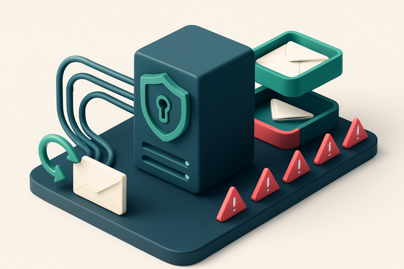 An isometric scene of a secure email server hub with incoming SMTP connection wires leading to a green 'delivered' tray