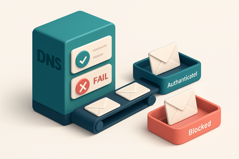 An isometric view of a DNS server with a green checkmark on an SPF record, a red ‘FAIL’ label on a malformed record, and