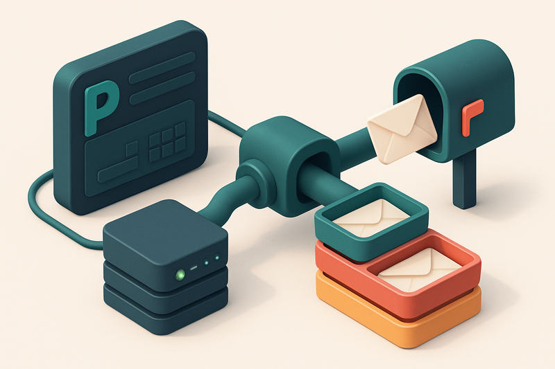 An isometric Pardot dashboard connected via wire to a central MailTester server, where emails flow through a tunnel into