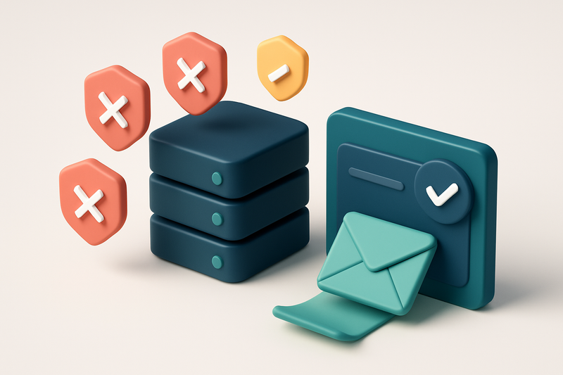 an isometric email server with red 'failed' error shields flying off the stack, one yellow '450' shield slowly rejoining