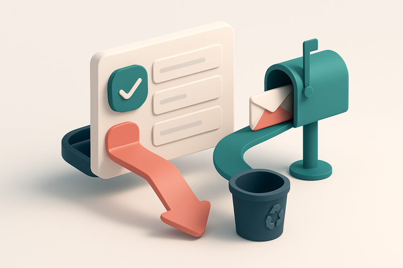 An isometric view of a CRM interface with a green 'valid' conveyor belt feeding into a mailbox, a red 'invalid' belt lea