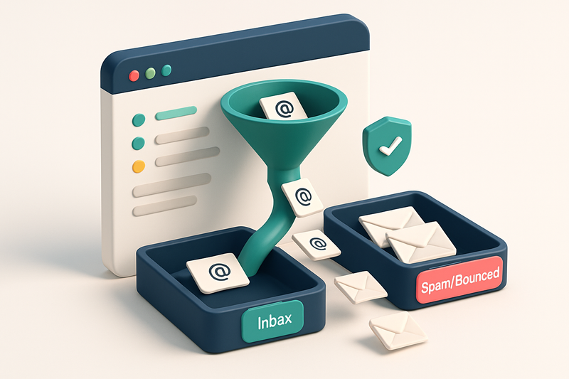 An isometric illustration of a central Monday.com dashboard showing a green workflow funnel with email addresses flowing