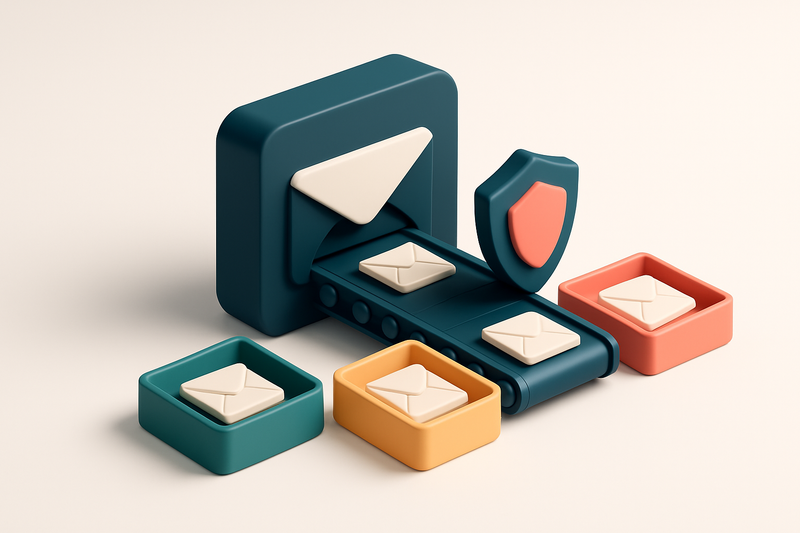 An isometric email inbox with a conveyor belt bringing envelopes labeled 'Valid', 'Risky', and 'Catch-All' into separate