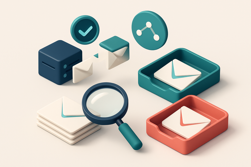 An isometric inbox with envelopes being sorted onto a green 'valid' tray and a red 'invalid' tray, a magnifying glass sc