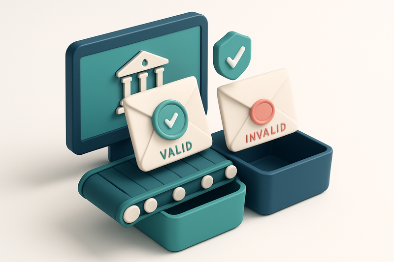 An isometric university application portal with a green 'valid' stamp on a digital submission envelope, a red 'invalid'