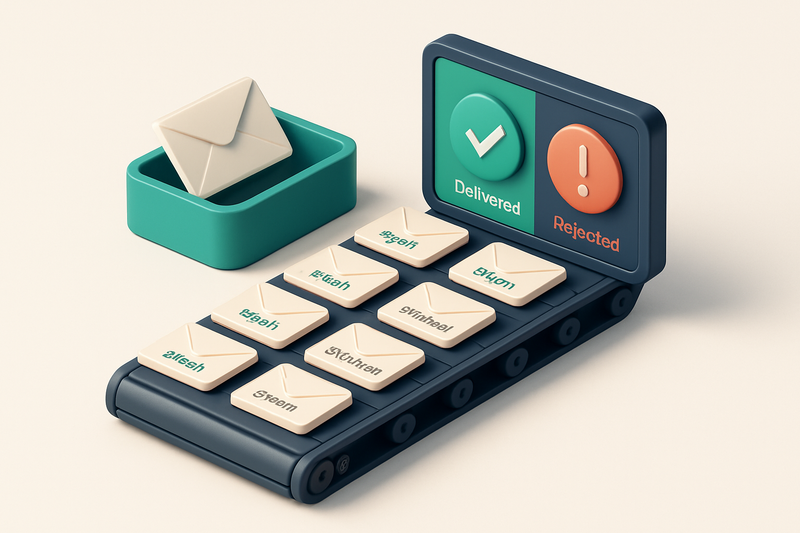 An isometric inbox with 15 labeled email envelopes—each marked with a destination (inbox, spam, blocked)—arranged on a c
