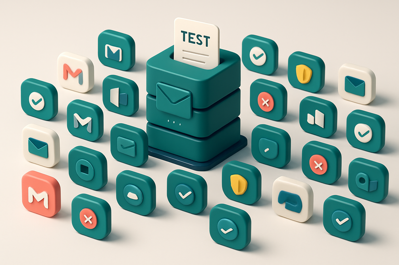 An isometric email server cluster with 30+ mailbox icons (Gmail, Outlook, Yahoo, etc.) receiving test messages, each ret