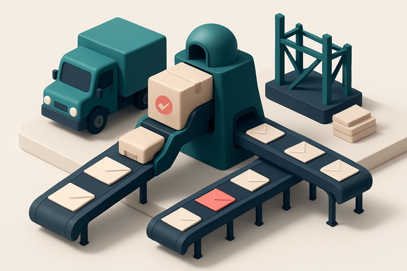 an isometric construction site with a delivery truck dropping off a box labeled '1000 leads' into a sorting station; env