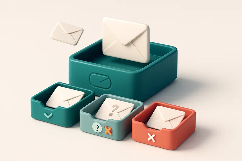 an isometric inbox with envelopes being sorted into three trays: green for 'valid' addresses, red for 'invalid' addresse