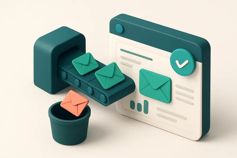 An isometric view of a Brevo dashboard connected to a MailTester verification engine via a data conveyor belt, with gree