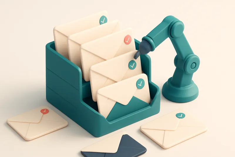 An isometric email inbox stacked with envelopes labeled 'Gmail', 'Outlook', and 'Yahoo', each with a small red 'Blocked'