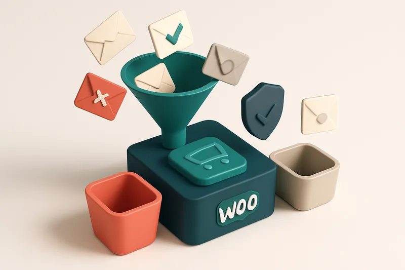 An isometric view of a WooCommerce store checkout flow: a green 'valid' funnel accepts email envelopes with checkmarks;