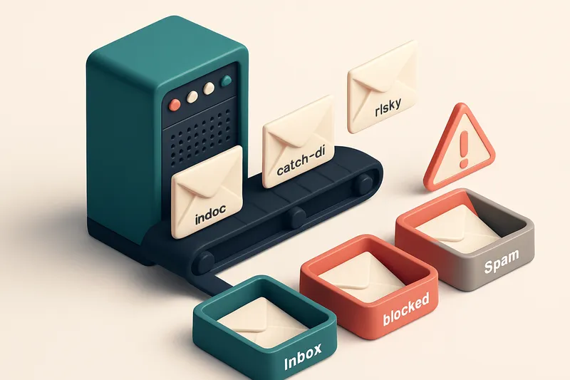 An isometric email server rack with outgoing envelopes labeled 'valid', 'catch-all', and 'risky', each routed through a