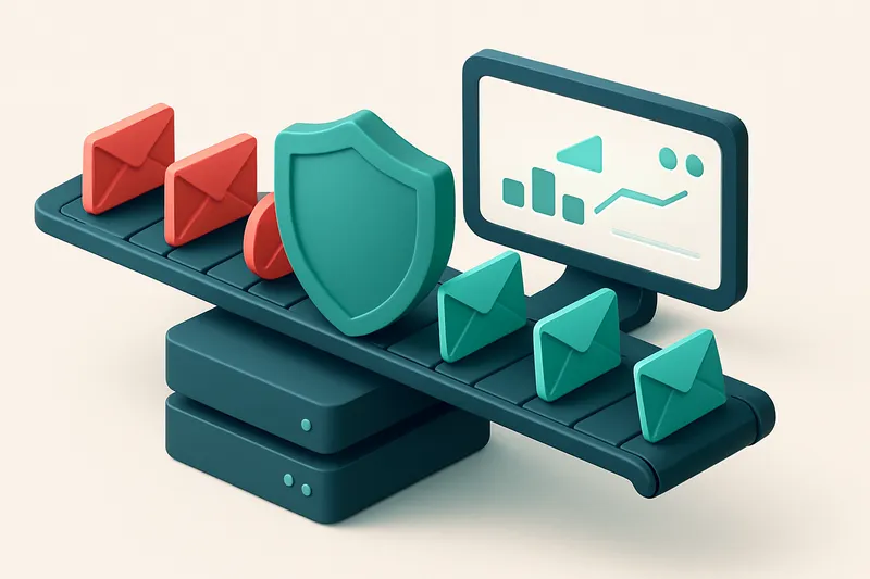 An isometric email server stack with red 'blocked' envelopes being filtered out by a shield labeled 'real-time testing',