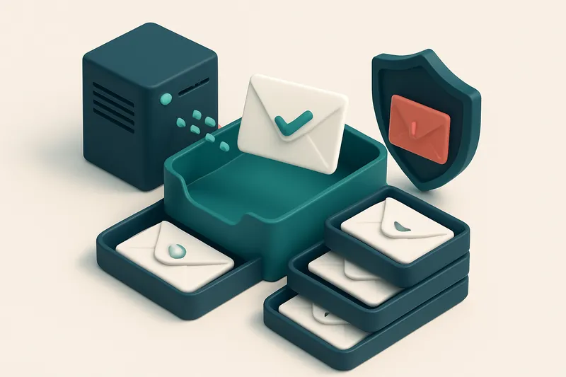 An isometric email inbox with envelopes labeled 'valid', 'invalid', 'catch-all', and 'risky' being sorted onto separate