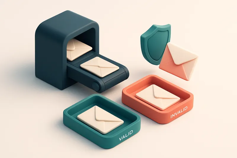 An isometric email inbox with envelopes being sorted onto a green 'valid' tray and a red 'invalid' tray, a conveyor belt