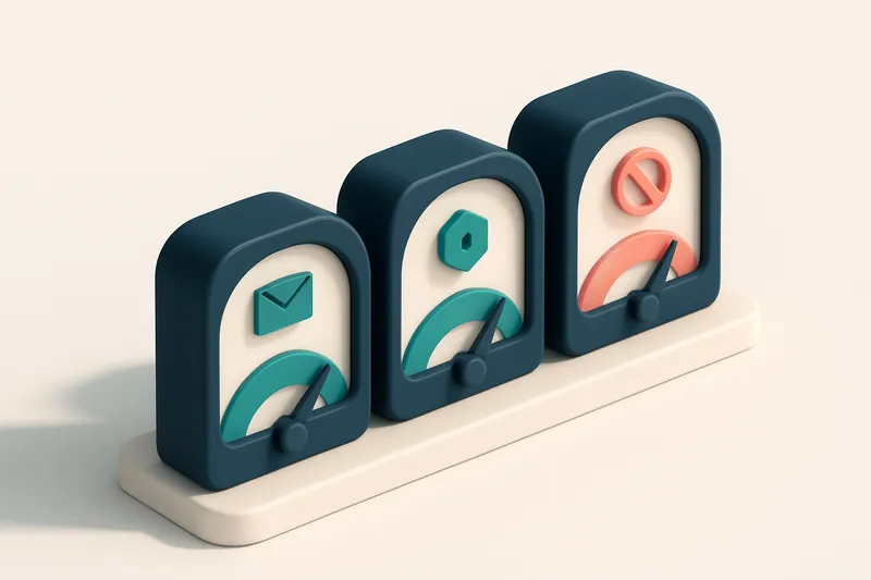 a row of three gauges showing inbox, spam, and blocked statuses