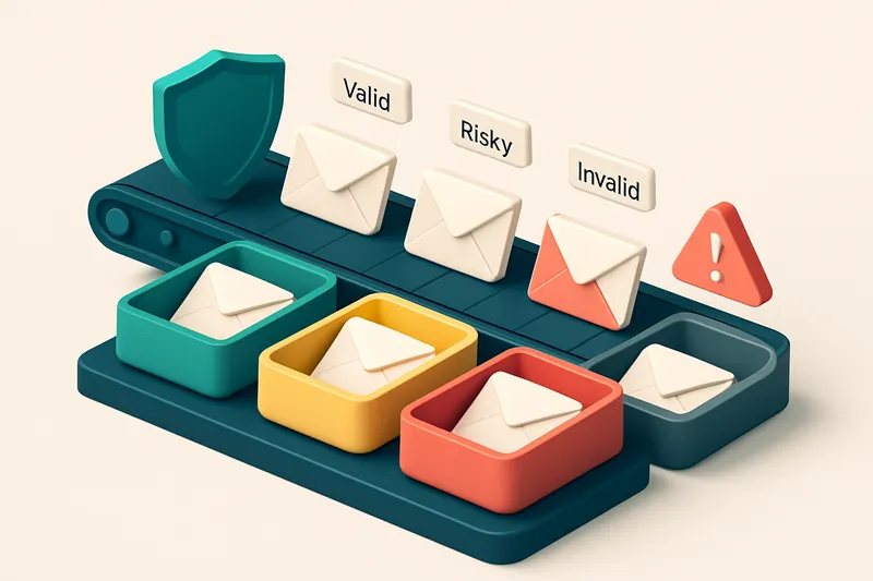 An isometric dashboard showing a conveyor belt with envelopes labeled 'Valid', 'Risky', 'Invalid', and 'Catch-all' being