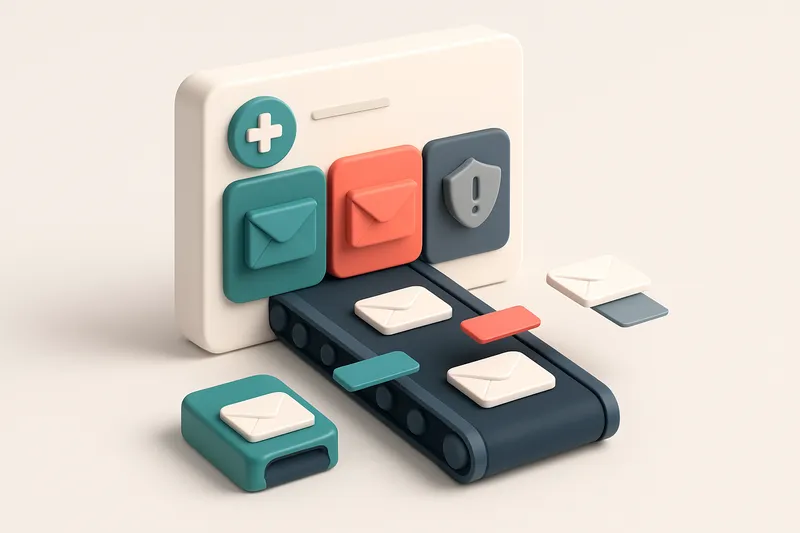 An isometric illustration of a medical clinic dashboard with three lanes: a green 'inbox' lane for valid emails, a red '