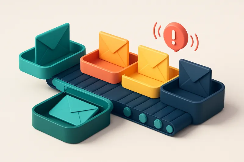 An isometric inbox tray with colored envelopes labeled 'Valid', 'Risky', 'Catch-all', and 'Invalid' being sorted into se