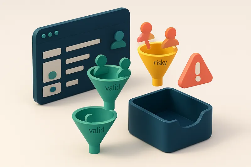 A 3D isometric scene showing a Freshsales CRM dashboard with lead records flowing into a green 'valid' funnel and a red
