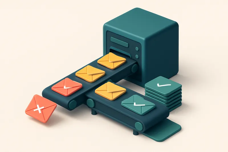 an isometric server rack with three parallel conveyor belts: one spitting out red 'invalid' email envelopes, one sorting