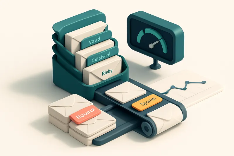 An isometric inbox stack with envelopes labeled 'Valid', 'Catch-All', 'Risky', and 'Invalid' flowing through a conveyor