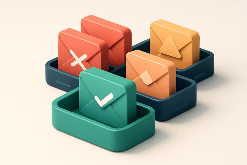 An isometric inbox with five distinct email envelopes: one green 'delivered', two red 'spam', one yellow 'held', one gra