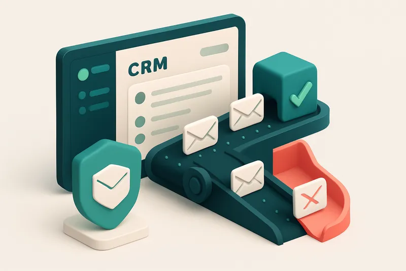 An isometric illustration of a Close CRM dashboard with email addresses entering a green 'verified' conveyor belt, while