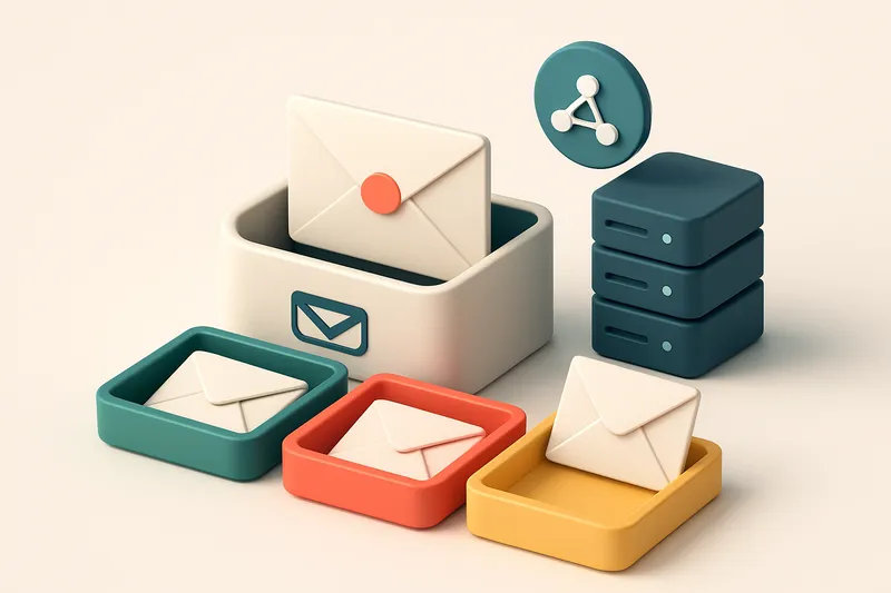 An isometric email inbox with envelopes being sorted onto a green 'valid' tray, a red 'invalid' tray, and a yellow 'risk