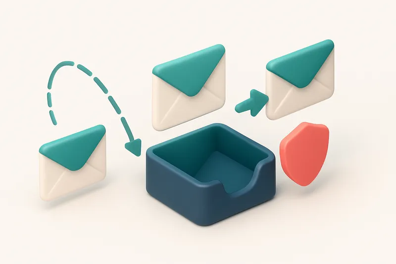 An isometric email inbox with envelopes flying toward it from three directions: one labeled 'Valid', one labeled 'Risky'